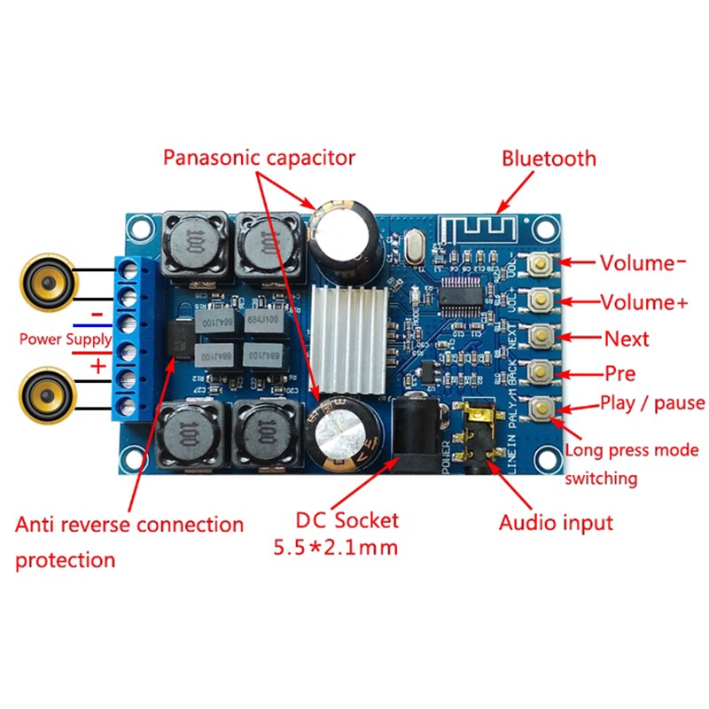 TPA3116 50W + 50W 2.0 Âm thanh không dây Bluetooth Bộ khuếch đại công suất kỹ thuật số có vỏ