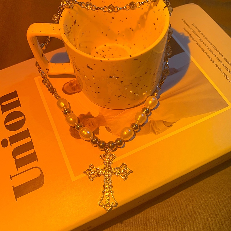 Vòng cổ Mặt Chữ Thập Đính Ngọc Trai Phong Cách hip hop Dành Cho Nam Nữ