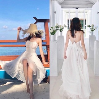 Đầm maxi trắng xẻ tà đan lưng siêu xinh - Kèm hình thật 100%