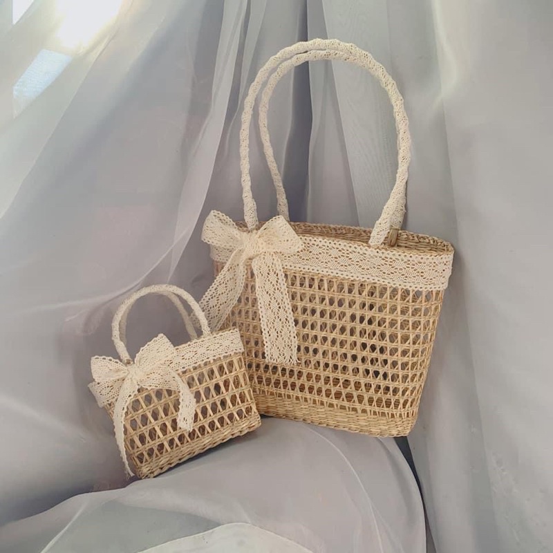 Túi cói đi biển đan thưa cho bé và mẹ