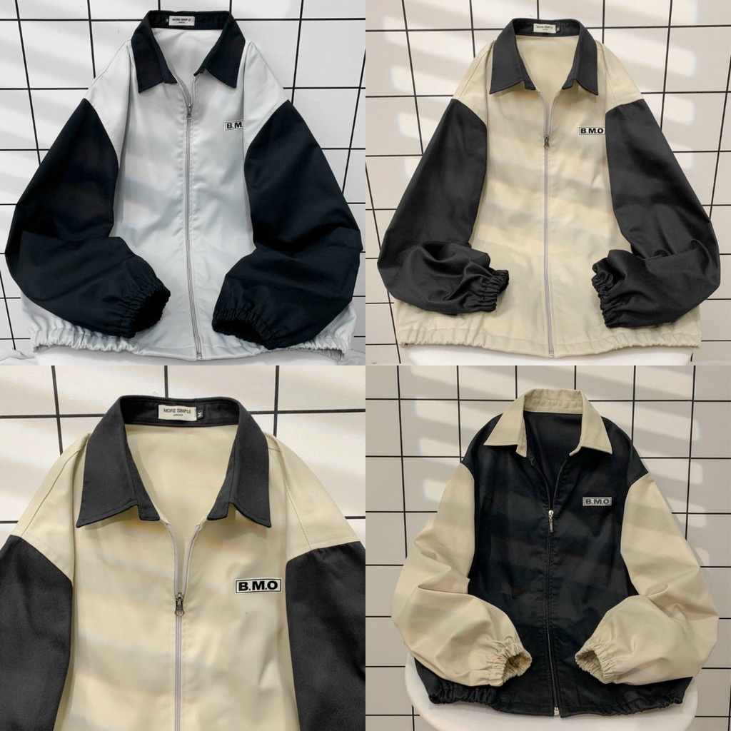 Áo Khoác Kaki Quốc Dân Có khóa Kéo Thêu Chữ BMO Cổ Bẻ Tay Phối Lắp Răng - Kiểu Sơ Mi Unisex Nam Nữ Cặp Đôi Học Sinh