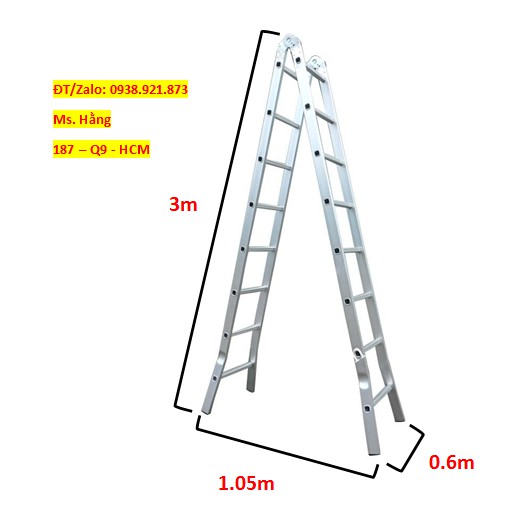 Thang nhôm hộp màu trắng có lỗ không mâm chữ A cao 3m - Mã:TNKTĐ30