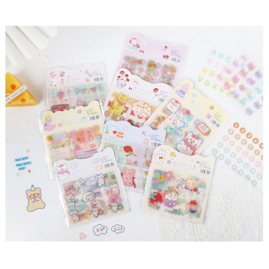 Set 4 tờ sticker dạng washi nhám độc đáo thỏ, gấu, bong bóng trò chuyện hoạt hình dễ thương
