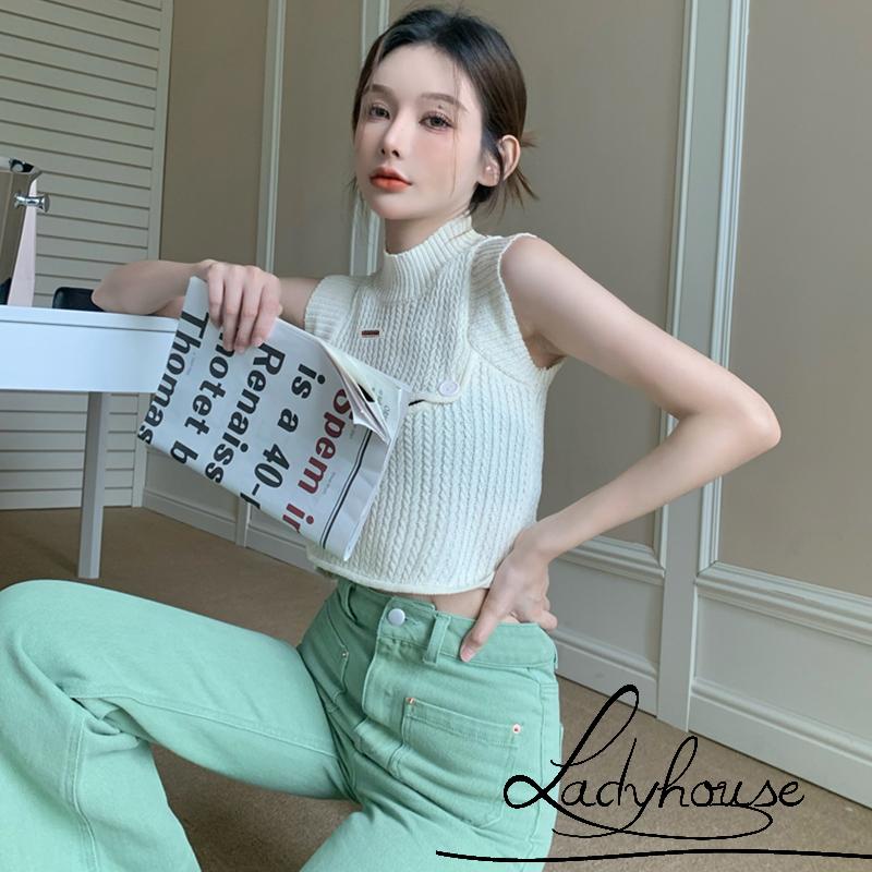 Áo Croptop Dệt Kim Không Tay Cổ Cao Phối Nút Thời Trang Mùa Hè Cho Nữ