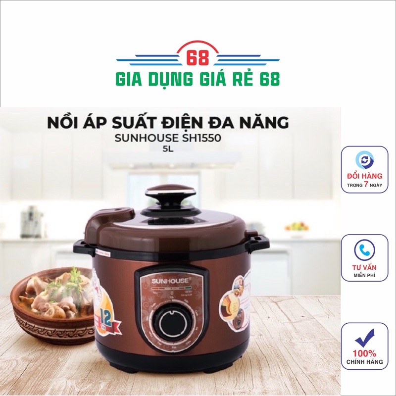 Nồi áp suất điện đa năng SUNHOUSE 5lit SHD1550, Nồi áp suất điện Sunhouse SHD1552( Bảo Hành 12T)