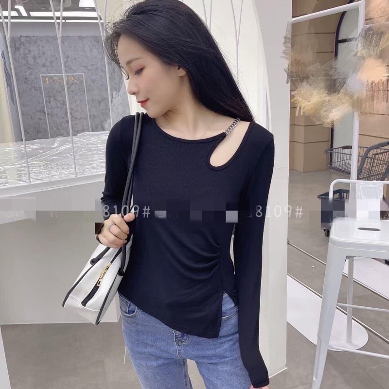 [ CÓ ẢNH THẬT + VIDEO TỰ QUAY ] Áo Tay Dài Khoét Vai Cổ Xích Nhún Eo Hot Hit 3 Màu Cực Xinh