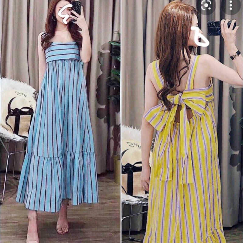 Maxi kate sọc 2 dây thắt nơ lưng xanh/vàng, đầm váy dài khoét/hở lưng đi chơi/biển du lịch dạo phố uống cafe hình thật