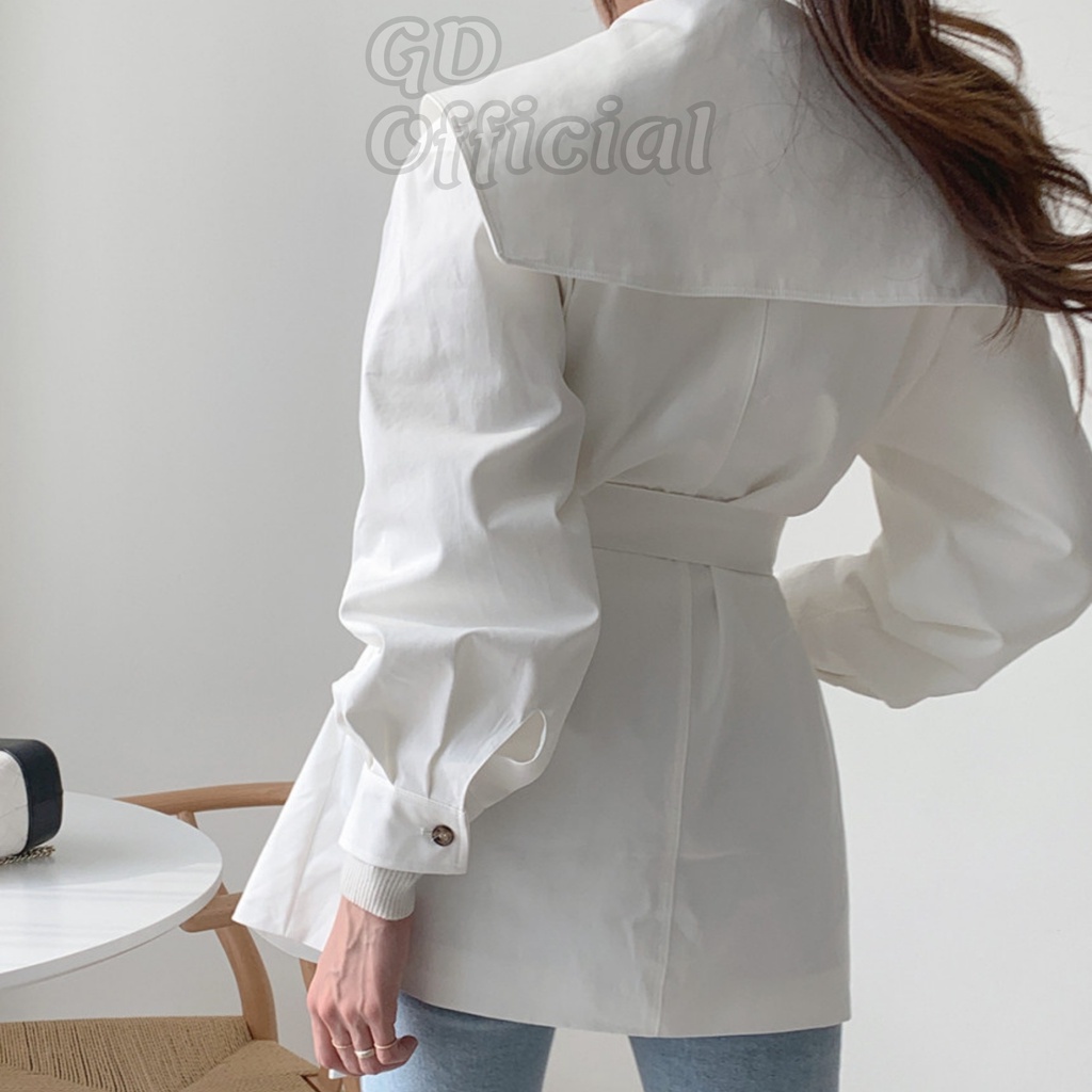 K37|Áo khoác gió nữ mangto sơ mi polo dáng vest ngắn blazer dài tay suông rộng buộc eo phồng trơn trắng GD Official