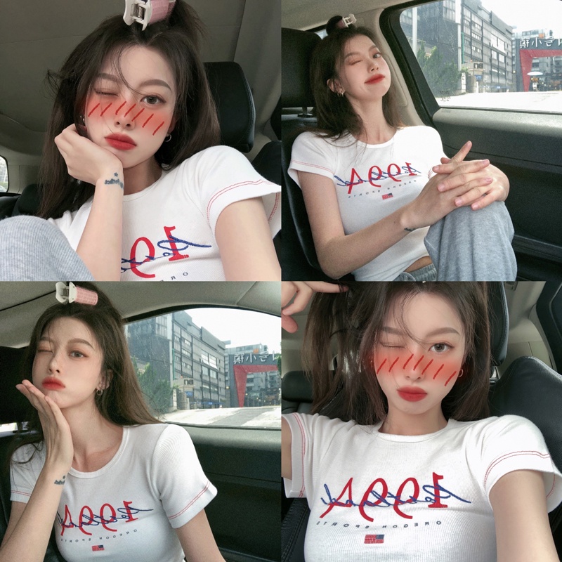 Áo Thun Tay Ngắn Màu Trắng Họa Tiết Thêu Chữ Kiểu Dáng Đơn Giản Thời Trang