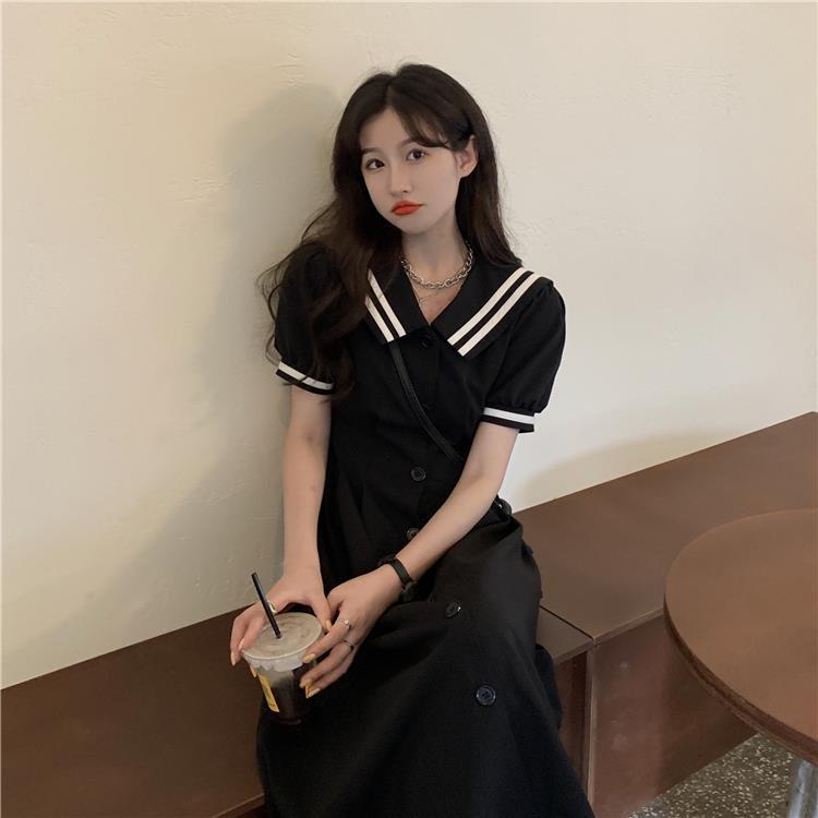 Đầm Dáng Chữ A Tay Ngắn Phồng Cổ Thủy Thủ Ôm Eo Dễ Thương