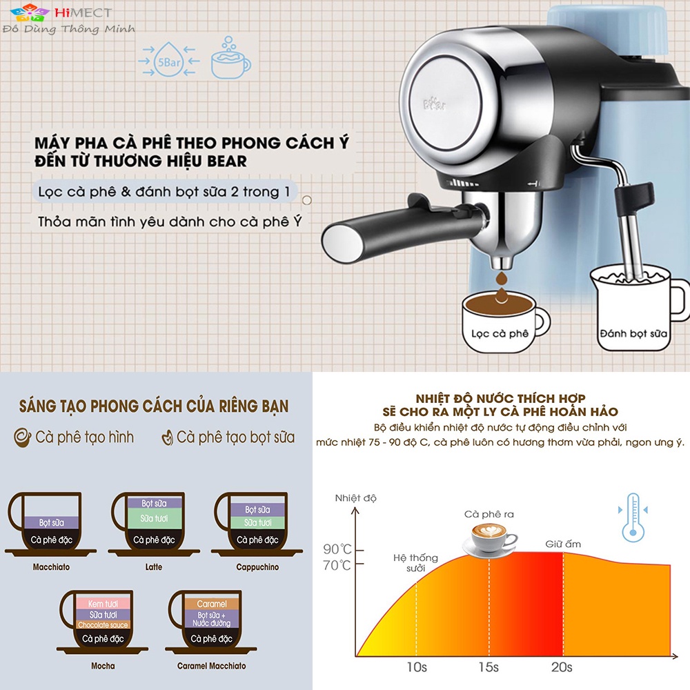 Máy Pha Cà Phê Espresso đánh kem tự động thưởng thức nhiều loại cafe khác nhau Bear KFJ-A02N1- HiMect