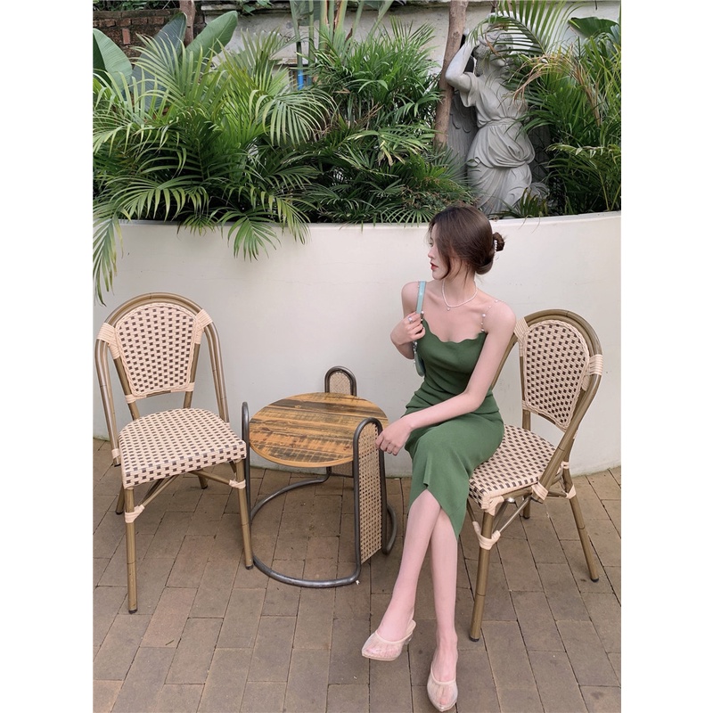 Đầm Hai Dây Màu Xanh Lá Đậm Chiết Eo Phong Cách Vintage Pháp