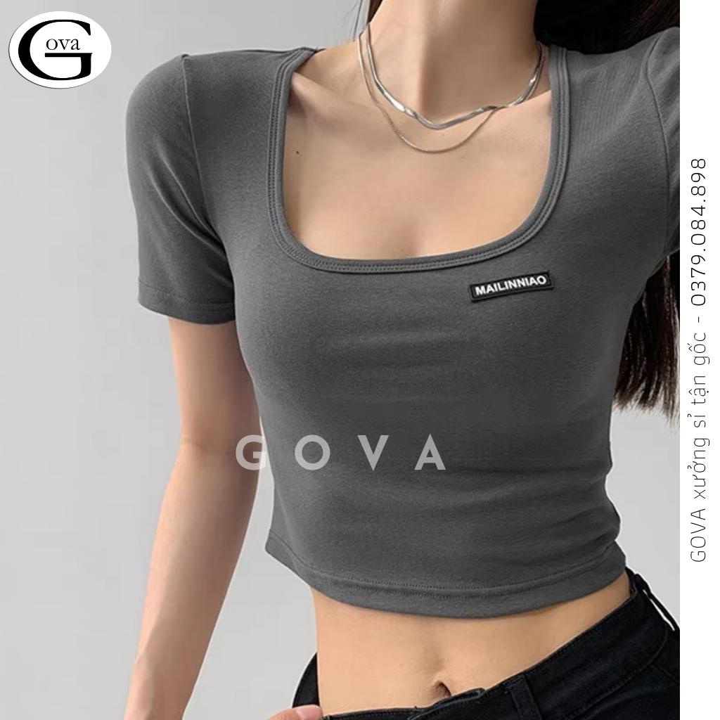 Áo Croptop GẮN LOGO CỔ VUÔNG Thun Gân Kiểu Sexy Nữ, Áo Thun Ôm Body Đẹp GOVA