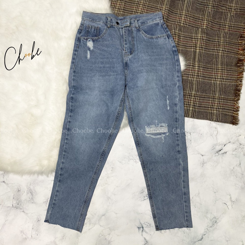 Quần jean nữ Choobe lưng cao baggy bò trơn rách gối phong cách thời trang - QJ08 | BigBuy360 - bigbuy360.vn