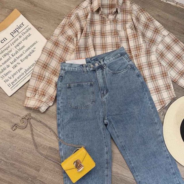 quần baggy trơn bò nữ túi vuông trước phong chách hàn quốc