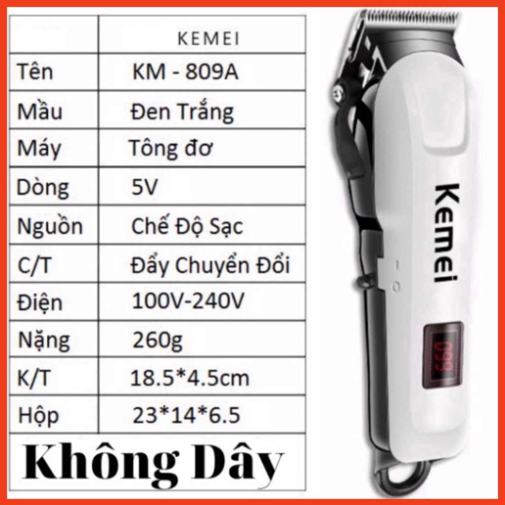 Tông Đơ Cắt Tóc Không Dây Chuyên Nghiệp Kemei 809A - Máy Hớt Tóc Pro Salon