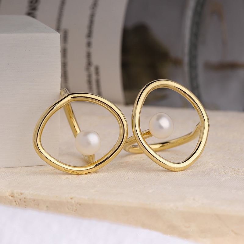 [WHOLESALE] [Women Fashion Vintage Geometric Hollow Pearl Rings] [ Elegant Ladies Smooth Fine Thin Finger Ring] [Lovely Jewelry Gifts For Girl Friends]