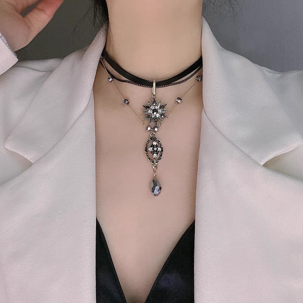 Vòng cổ bằng da CHOKER khí chất nữ thần Retro bảoque gothic pha lê nhiêu lớp khoe xương quai xanh
