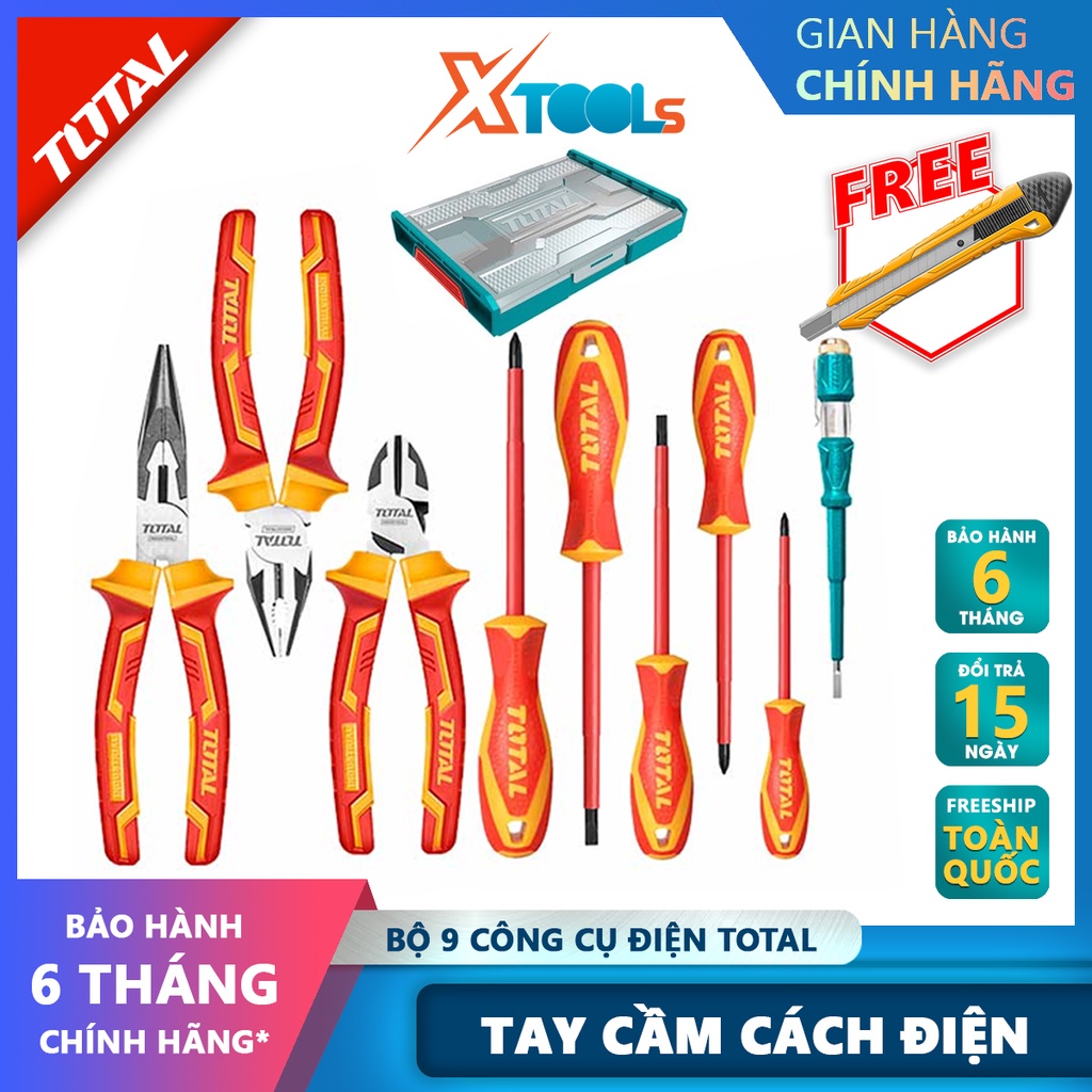 Bộ 9 công cụ cầm tay cách diện TOTAL THKTV02H091 bộ đồ nghề cách điện bao gồm kềm răng, 2 kềm cắt, 5 tua vít, 1 bút thử