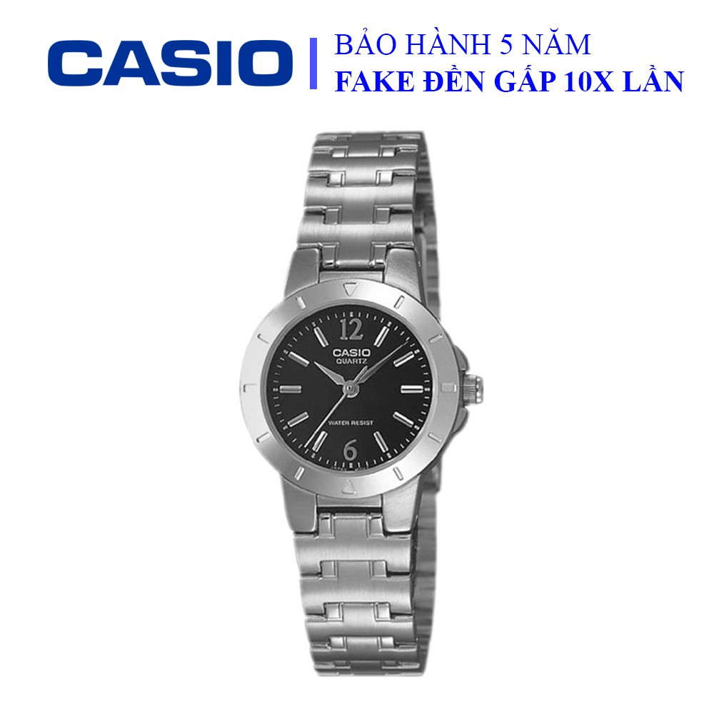 Đồng hồ Casio nữ dây sắt thể thao, mặt đen viền trắng sang trọng, quý phái, chống nước WR30M (LTP-1177A-1ADF)