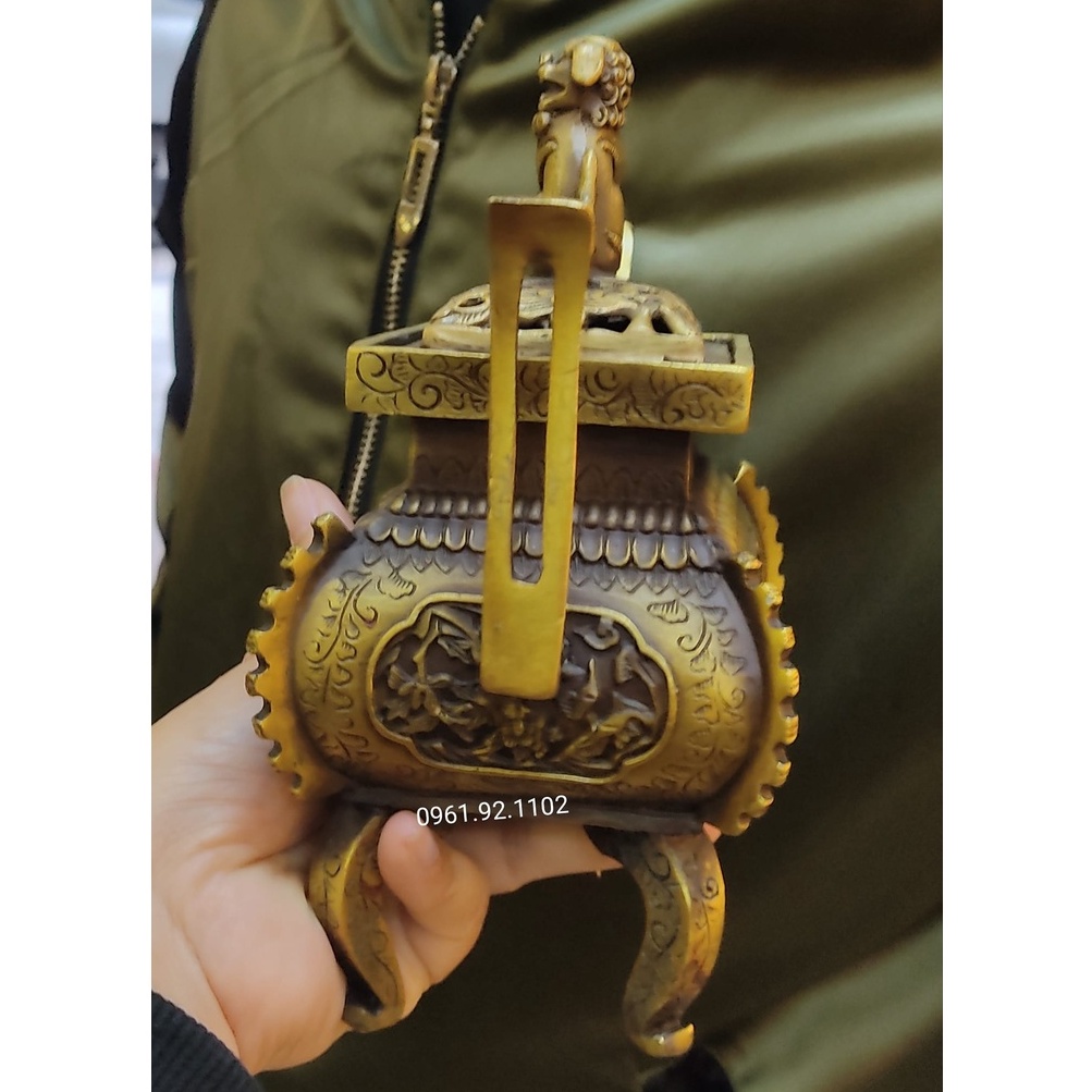 Lư đỉnh trầm vuông đồ đồng tài lộc 18cm phong thủy