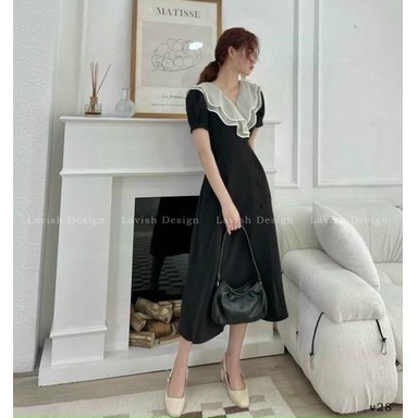 Váy đầm dáng suông phối voan tơ cài nút bọc xẻ tà dáng tiểu thư phong cách thời trang nữ thiết kế sang trọng