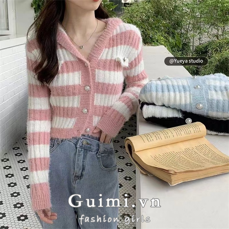 Áo Khoác cardigan Có Nón Họa Tiết Kẻ Sọc Thời Trang Mùa Thu Mới Cho Nữ