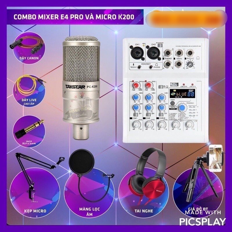 Combo bộ Kararoke Thu Âm Mixer E4 Và Mic Takstar PC-K200 Kèm Chân Màng Tai Nghe Chụp Tai Giá Đỡ Điện Thoại Bảo Hành 1nam