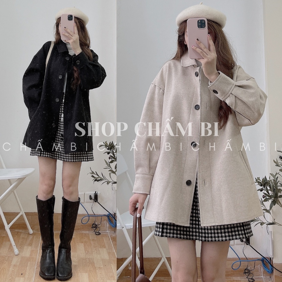 Áo khoác nữ A.275, Áo khoác dạ ép cổ đức 1 lớp túi chéo tay bồng cài cúc 2 màu be, đen cực xinh