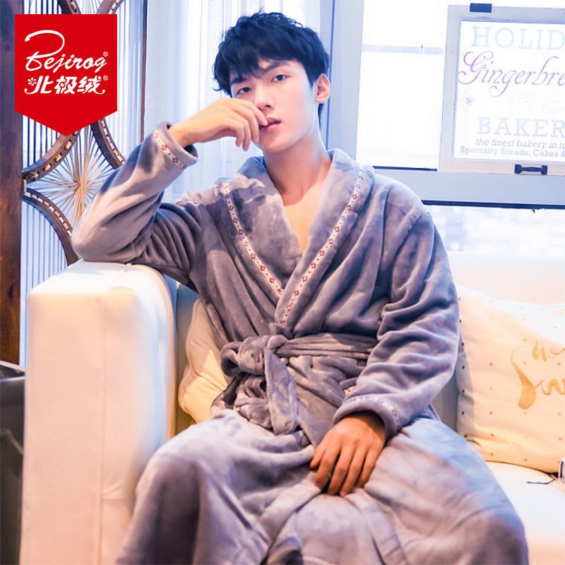 Áo Choàng Ngủ Dáng Dài Vải Flannel Phối Lông Cừu Plus Size Thời Trang Mùa Đông Cho Nam