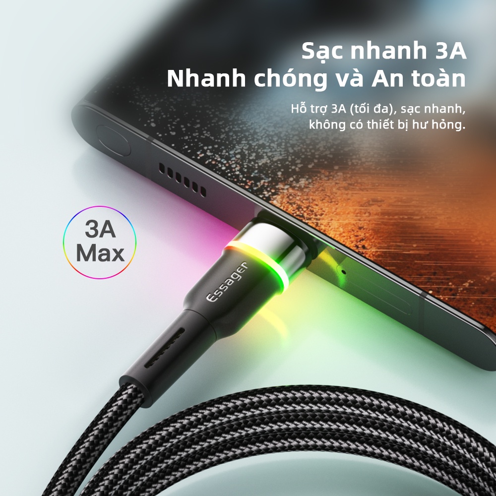 Dây cáp sạc nhanh ESSAGER USB type C có đèn LED 3a cho samsung realme