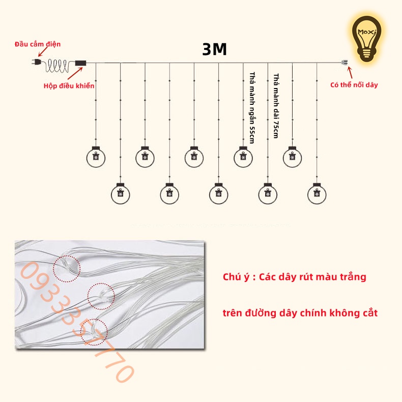 【LOẠI 1】 Đèn LED màn Rèm Trăng Sao Chống Thấm Nước Trang Trí Decor Ngoài Trời NOEL giáng sinh - Dài 2.5 Mét