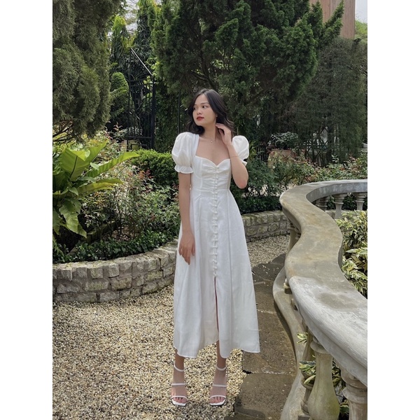 Ladonna dress - Đầm trắng dài tay phồng cúp ngực có nút - Somalyng.studio