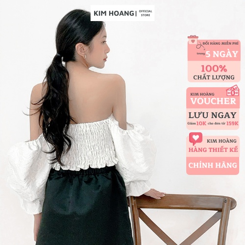 Áo Trễ Vai Bánh Bèo màu Trắng VÂN GẤM Kim Hoàng Clothing Áo Tay Bèo có chun co giãn