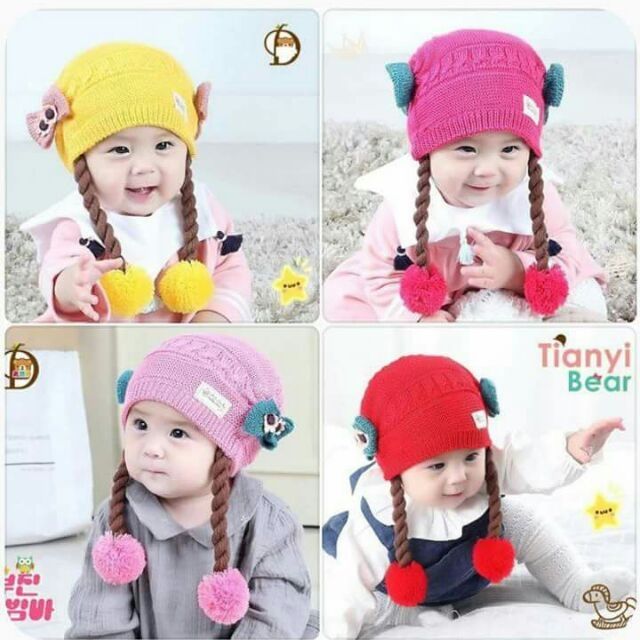Mũ len tóc dài cho bé gái