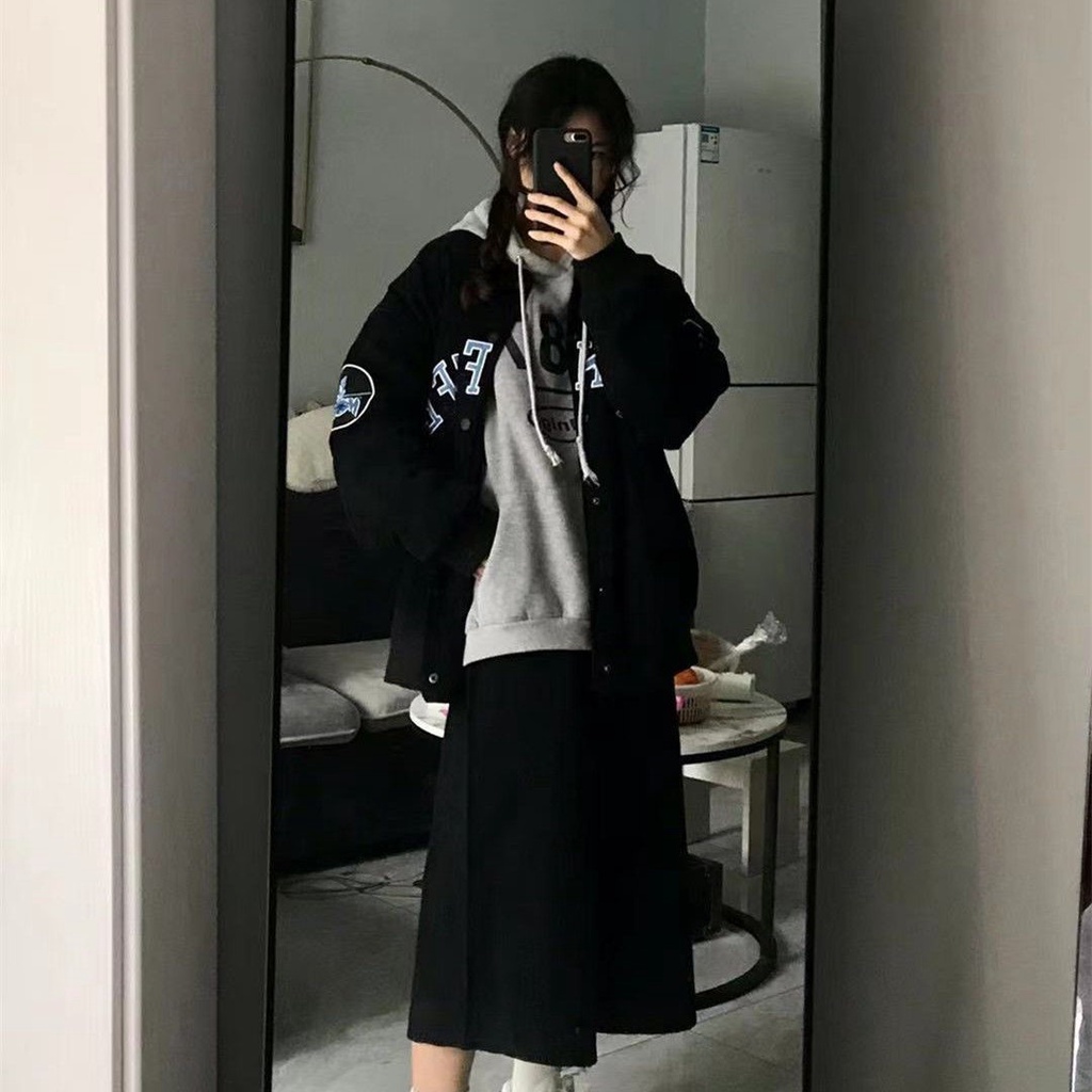 Áo bomber kaki 2 lớp/Áo khoác varsity jacket TENNE form rộng unisex, phong cách Hàn Quốc 2 màu be, đen KUNNI25