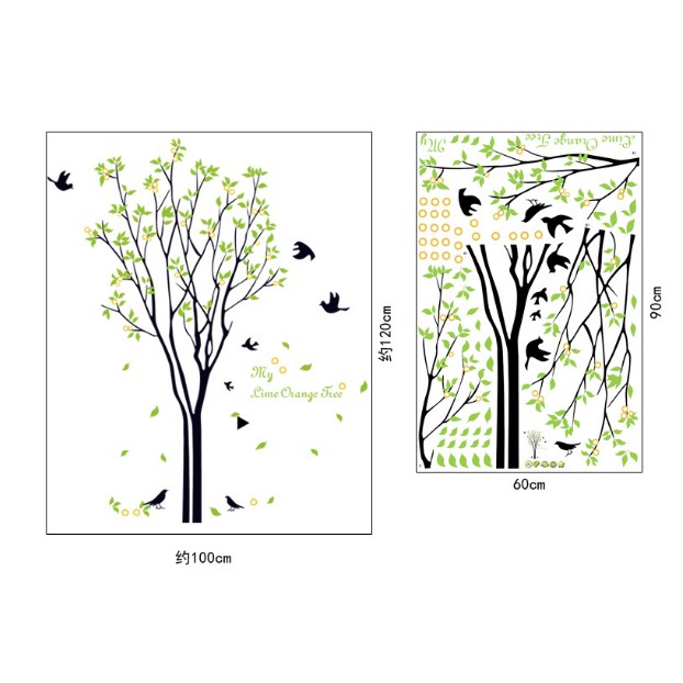 Decal trang trí tường Cây xanh lá Chim Đen