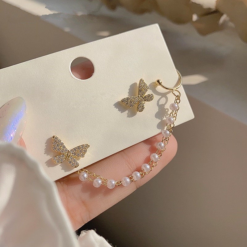 Khuyên Kẹp Vành Tai Không Đối Xứng Hình Bướm Đính Ngọc Trai Thời Trang Cho Nữ