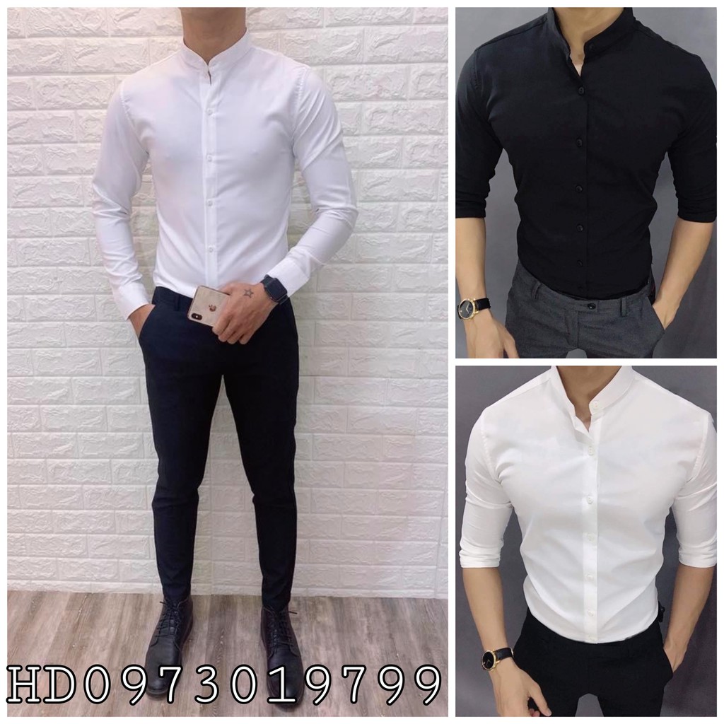 sơ mi nam cổ tàu chất liệu lụa thái cao cấp màu đen và màu trắng vải bóng nhẹ mềm mặc mát không nhăn