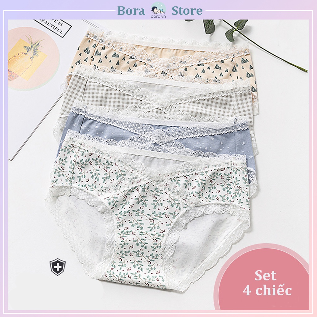 Quần lót bầu cạp chéo, viền ren, cotton thoáng khí, đáy quần kháng khuẩn, set 4 chiếc