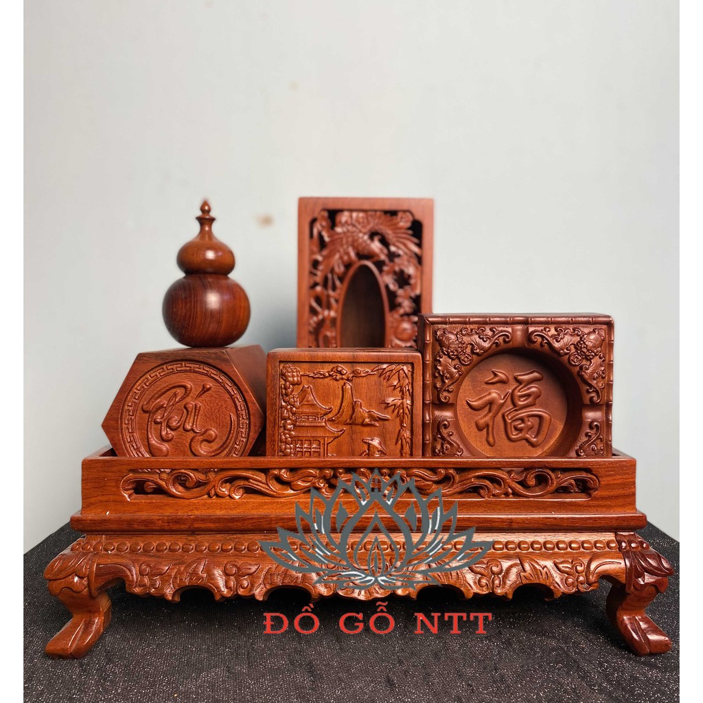 Combo 6 món giá rẻ khay trà rồng,gạt tàn,hộp giấy,hộp đựng chè,ống tăm,hộp đựng nhỏ gỗ hương cao cấp