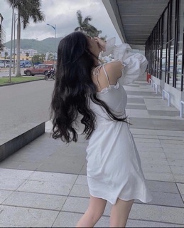🌟Đầm Trắng Rớt Vai Tay Bo( Có Đệm Ngực)