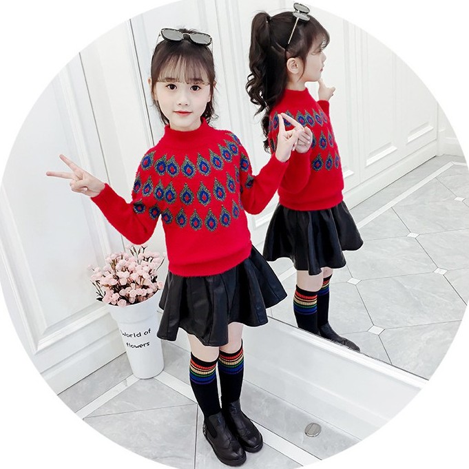Áo len bé gái lớn họa tiết lông công siêu đáng yêu size 15-40kg [AL16]