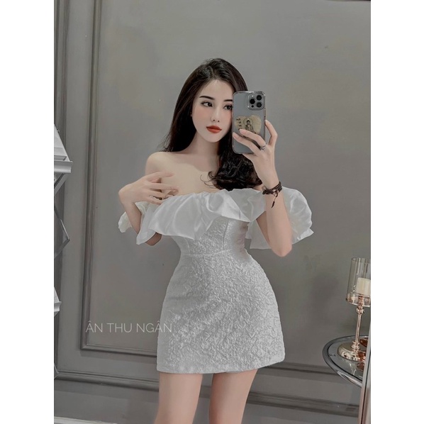 Đầm thời trang nữ mặc đi tiệc cưới chất gấm trễ vai voan bèo có mút