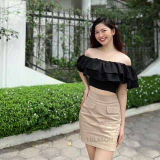S12 chân váy be + áo crop bèo nhún