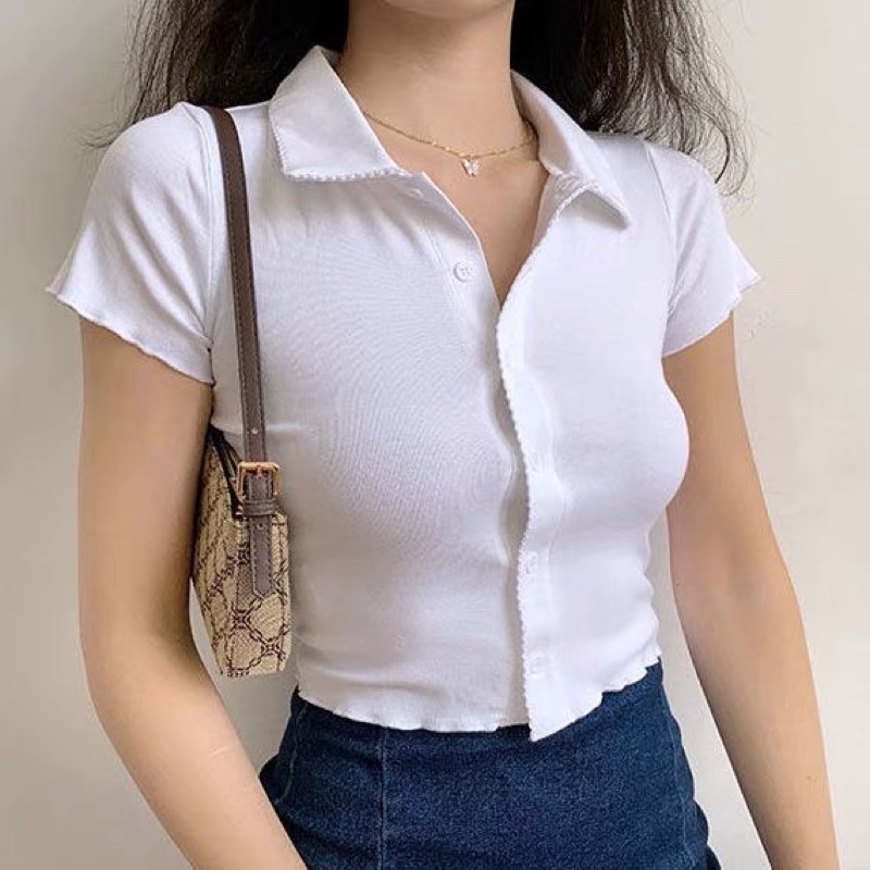 Áo thun croptop trơn ngắn tay có cổ | BigBuy360 - bigbuy360.vn