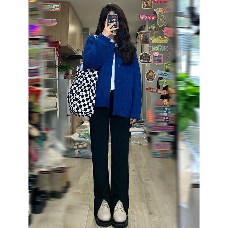 Áo khoác cardigan dệt kim dáng rộng cài nút màu xanh dương phong cách Nhật Bản cổ điển đa năng cho nữ sinh