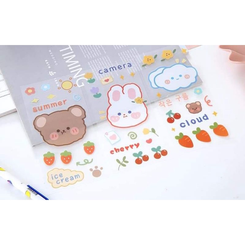Sticker/nhãn dán thỏ, gấu nhựa PVC chống thấm nước, trang trí hộp bút, sổ tay, nhật ký