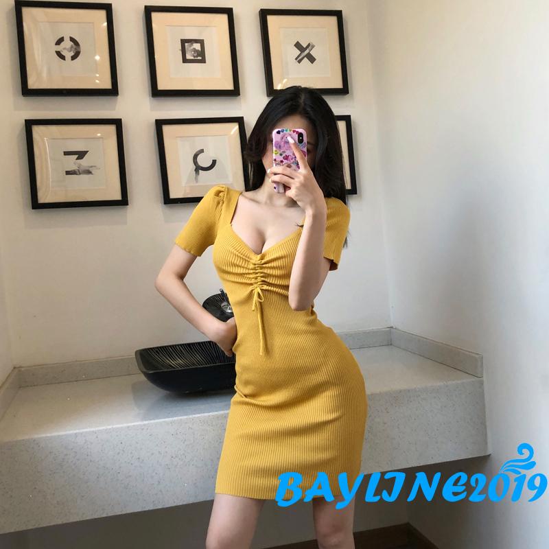 Đầm Tay Ngắn Cổ Chữ V Màu Sắc Thời Trang Cho Nữ