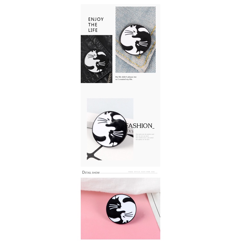 Ghim cài áo hình chú mèo âm dương màu trắng đen dễ thương